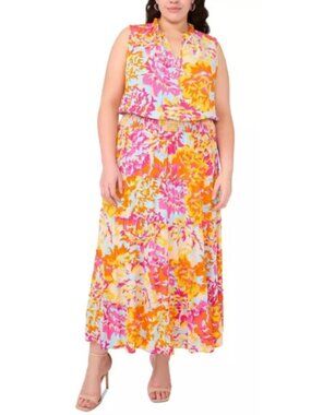 MSK Pink Multi Split Neck Tiered Maxi Dress Size 2X